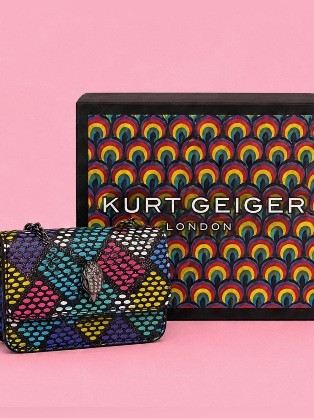Kurt Geiger Rainbow Pattern Leather Crossbody with Snake Clasp - Picture 3 of 7